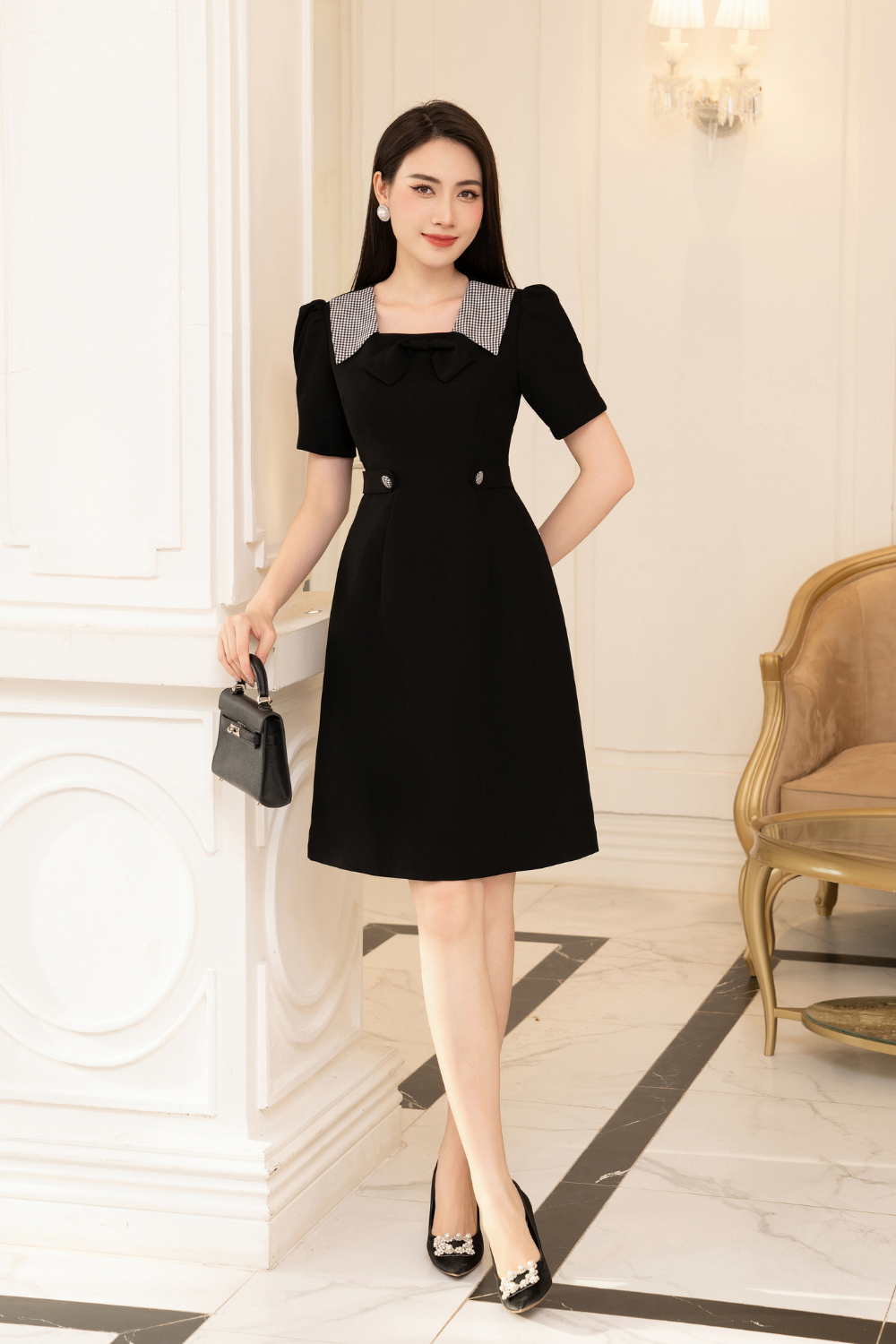Đầm xòe đen 1 màu phối cổ phối kẻ đen trắng_thumbnail_5