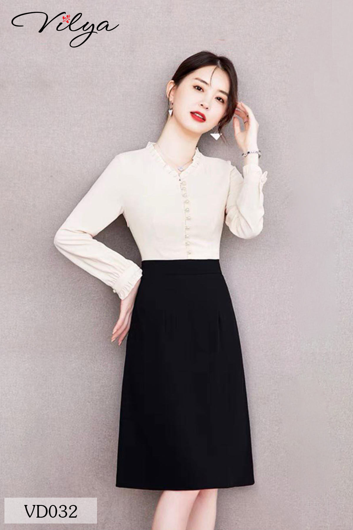 Đầm công sở VILYA dáng xòe A tay dài cúc trai VD032_thumbnail_2
