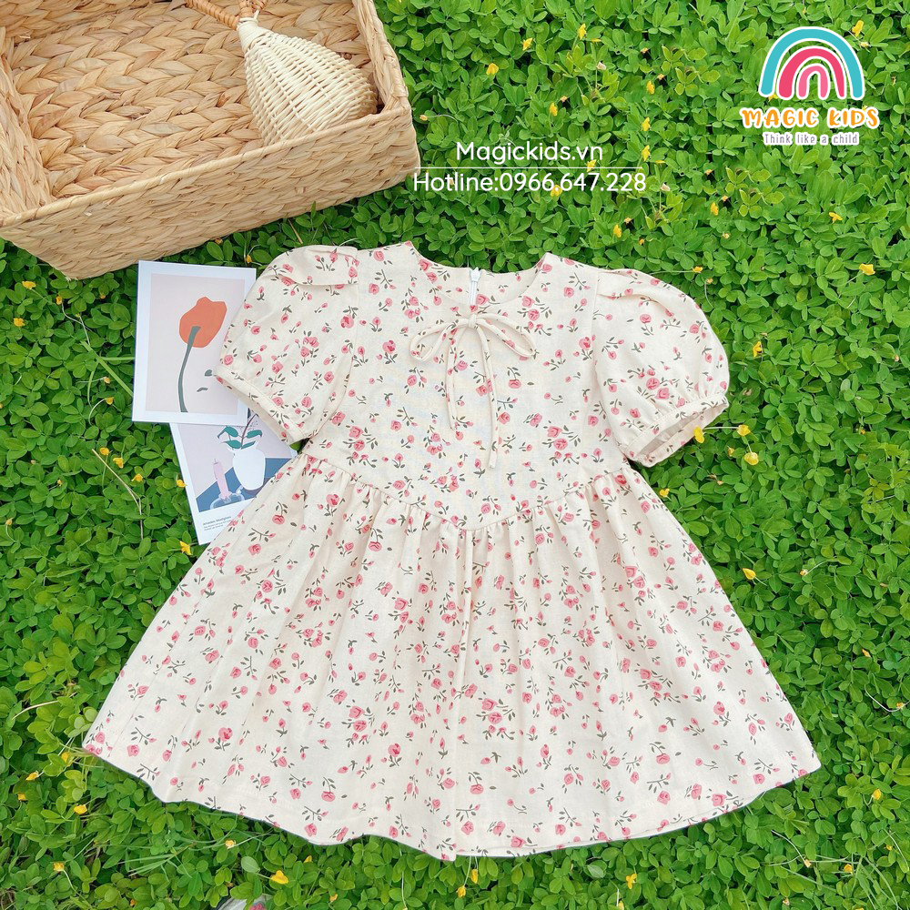 Váy xòe trẻ em hoa nhí nơ cổ xinh xắn, dễ thương dành cho bé gái từ 9-24kg