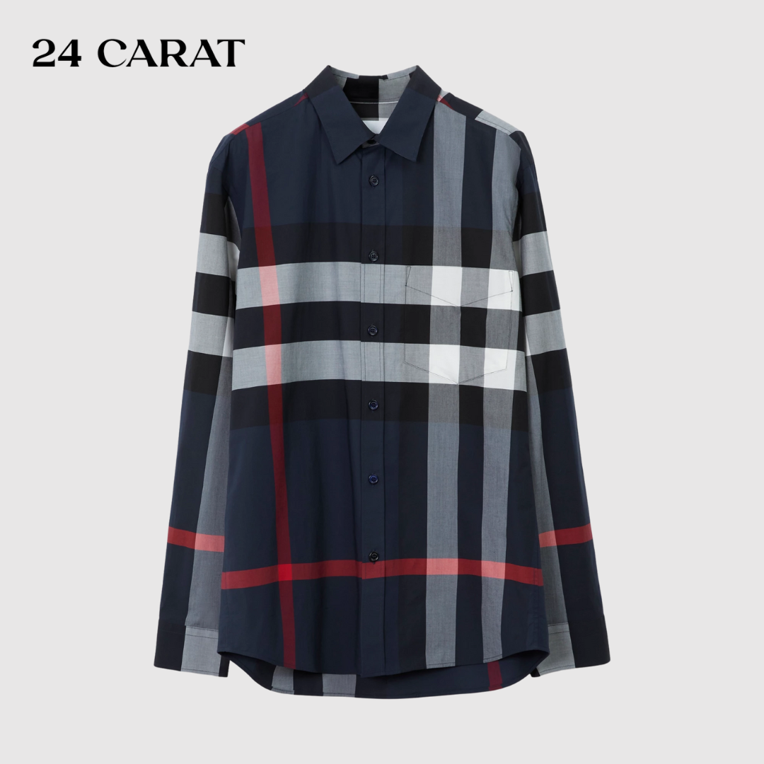 Áo Sơ mi Nam Burberry Long-Sleeve Check Stretch Cotton Poplin Shirt Navy