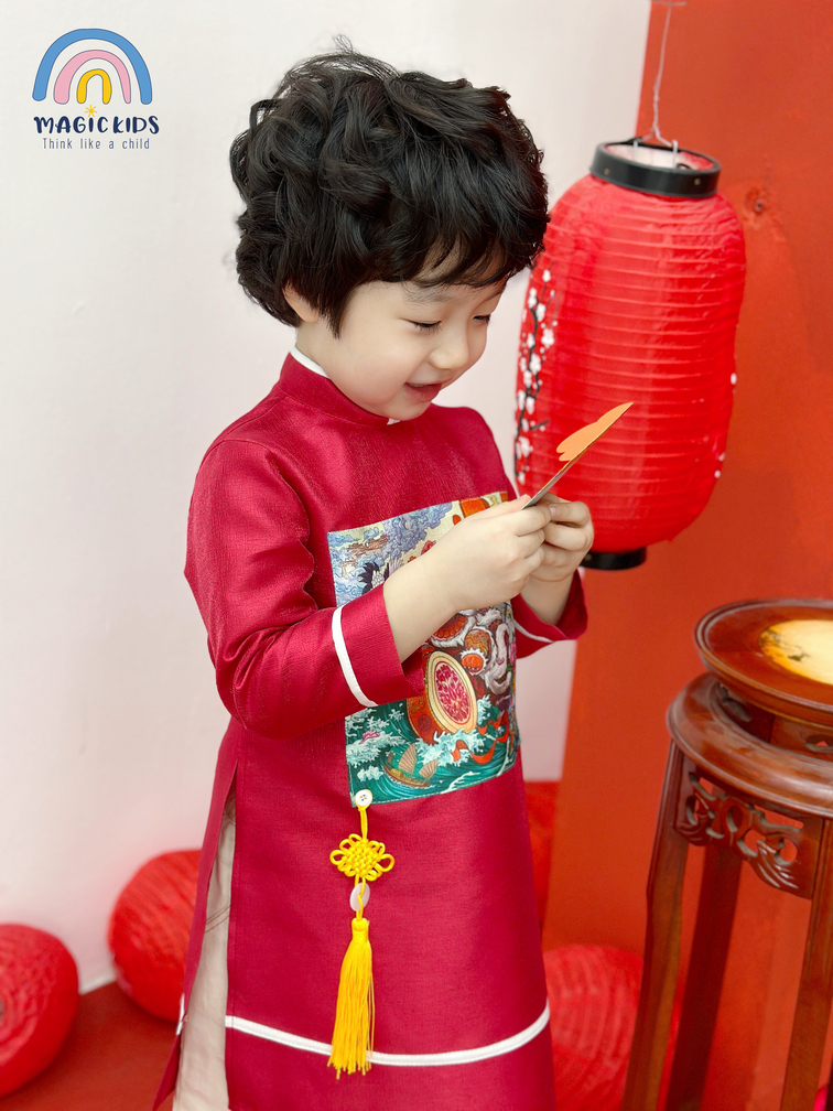 Áo dài Tết cho bé trai 2 3 4 5 6 7 8 9 10 tuổi mẫu  2024 Magickids in Lân chất taffa kèm dây treo Quần áo trẻ em AD22007