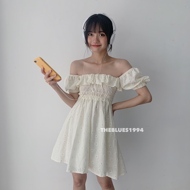 Váy Babydoll Thô Đũi Thêu In Chìm Hoa Cúc