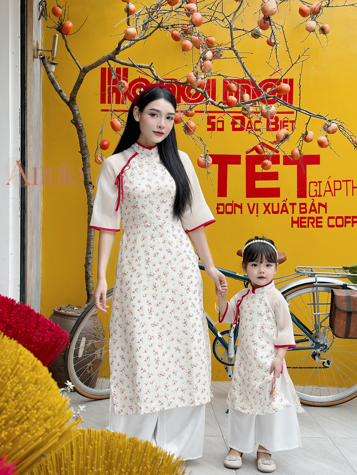 Áo dài mẹ và bé gái Tết 2024 Anniebaby áo dài truyền thống size đại đến 60kg cổ tàu chất xốp hoa mềm mịn  AD23011_thumbnail_3