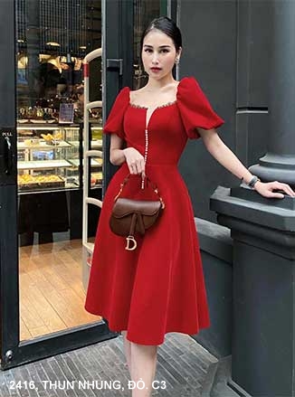 ĐẦM XÒE CỔ VUÔNG TAY NGẮN DÚN - 2416