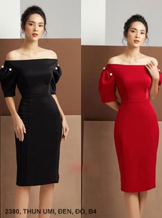 ĐẦM TAY NGẮN CỔ NGANG VAI EO THẮT - 2380