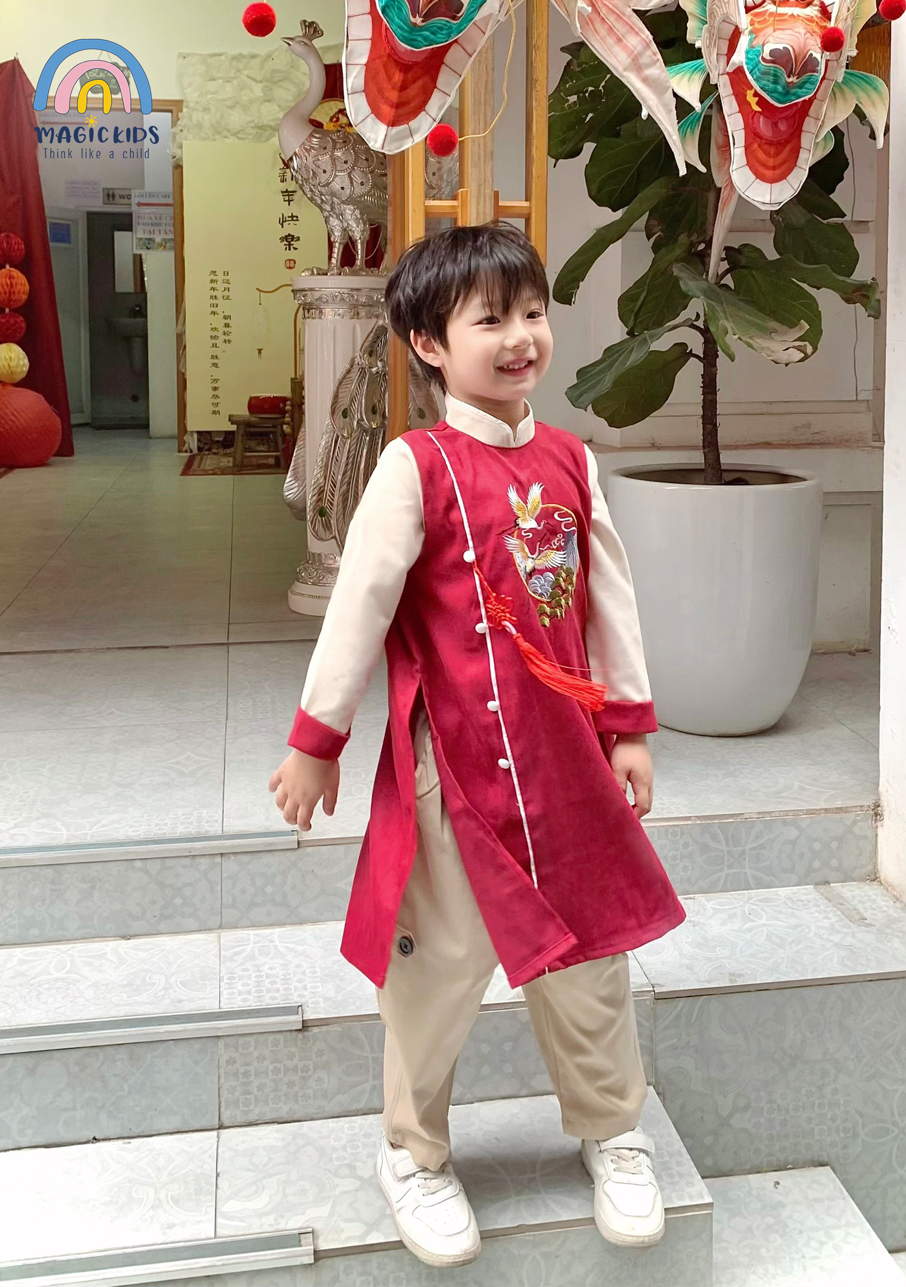 Áo dài Tết cho bé trai size đại 40kg Magickids áo dài cổ truyền chất text nhung thêu hạc tặng kèm dây khánh AD23020