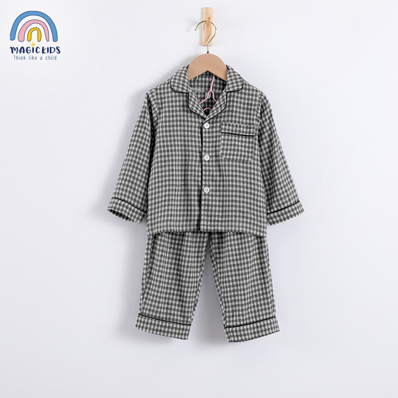 Đồ bộ dài tay pijama bé trai, bé gái Magickids kẻ caro dễ thương chất kẻ xốp Hàn Quốc Đồ ngủ mẫu mới 2022 BR22028