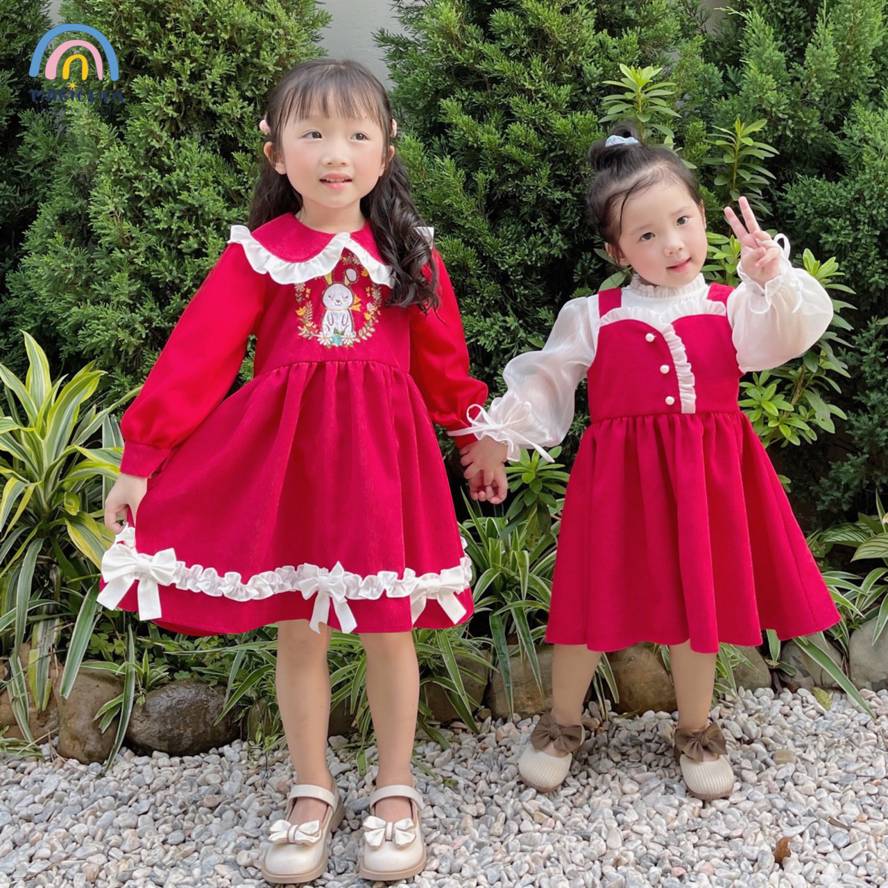 Váy bé gái 2 3 4 5 6 7 tuổi Magickids thu đông tay dài dáng xòe thêu thỏ dễ thương cổ thủy thủ chất nhung tăm VA22006